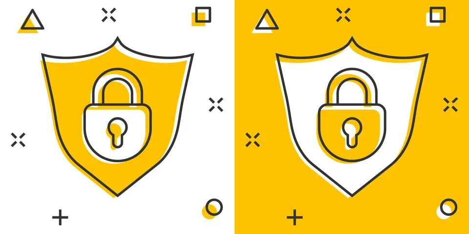 Vector cartoon lock with shield security icon in comic style. Protection illu Stock Illustration