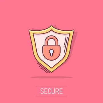 Vector cartoon lock with shield security icon in comic style. Protection il.. Stock Illustration