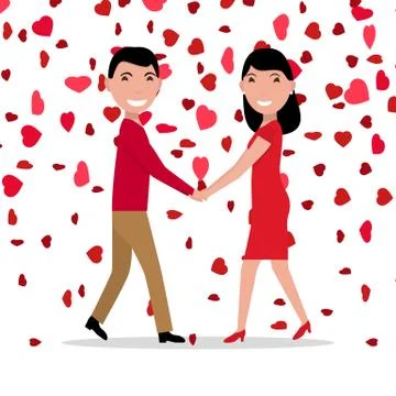Vector cartoon love couple falling red hearts Illustrazione stock