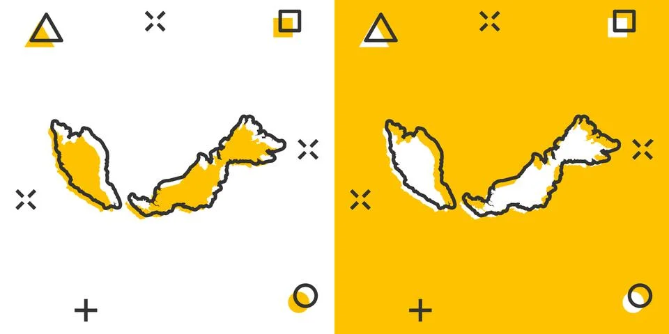 Vector cartoon Malaysia map icon in comic style. Malaysia sign illustration p Stock Illustration