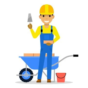 Vector cartoon man bricklayer stands with a brick Stock Illustration