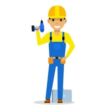 Vector cartoon man builder with a screwdriver Stock Illustration