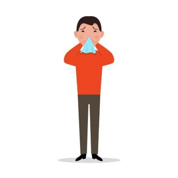 Vector cartoon man caught cold, sneeze, ill flu Stock Illustration