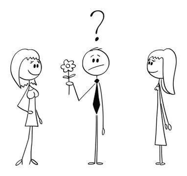 Vector Cartoon of Man on Date Holding Flower and Deciding Between Two Women or Illustrazione stock