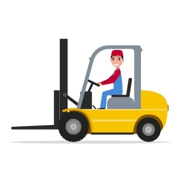 Vector cartoon man driving small yellow autoloader Stock Illustration