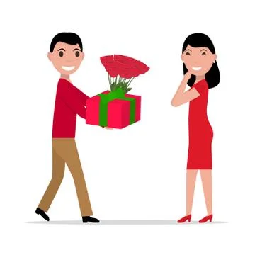 Vector cartoon man gives gift and flowers to woman Stock Illustration