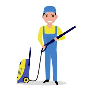 Vector cartoon man holding a high pressure washer Stock Illustration