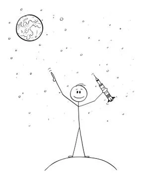 Vector Cartoon of Man Holding Space Rocket Model and Pointing at Moon or Mars. Stock Illustration