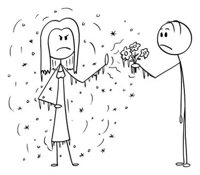 Vector Cartoon of Man Offering Flowers as Gift to Cold Frigid Rejecting Woman Stock Illustration