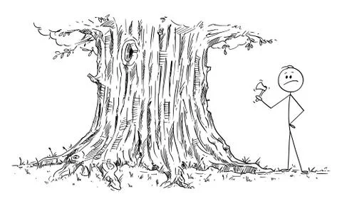 Vector Cartoon of Man or Businessman Unable to Cut Down Large Tree with Small Ax Stock Illustration