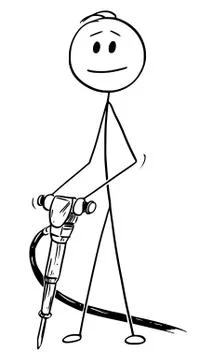 Vector Cartoon of Man or Construction or Road Worker Holding Jackhammer or Stock Illustration