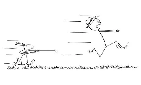 Vector Cartoon of Man or Hunter Running in Fear Away and Rabbit or Hare or Stock Illustration