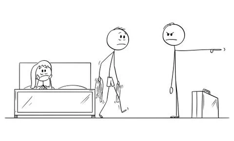 Vector Cartoon of Man or Husband Returned Home and Found His Wife with Paramour Stock Illustration