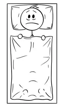 Vector Cartoon of Man with Problem Lying Alone in Bed Stock Illustration