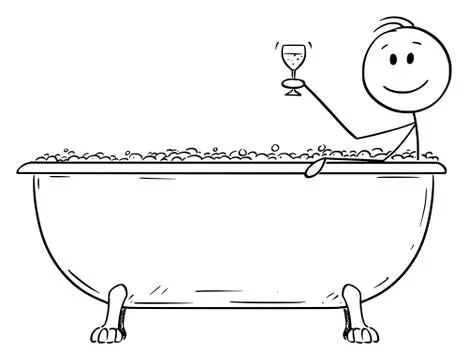 Vector Cartoon of Man Relaxing in Batch Tub with Glass of Wine Stock Illustration