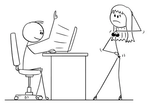 Vector Cartoon of Man Sitting Working on Computer while Sexy Woman or His Wife Illustrazione stock