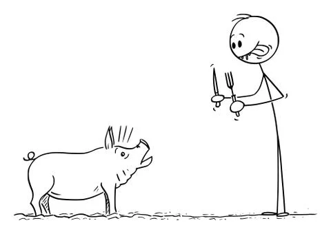 Vector Cartoon of Man Smacking His Lips While Looking at Terrified Pig with Fork Stock Illustration