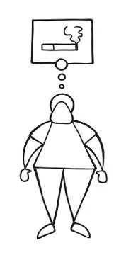 Vector cartoon man standing and thinking smoking cigarette with thought bubbl Illustrazione stock
