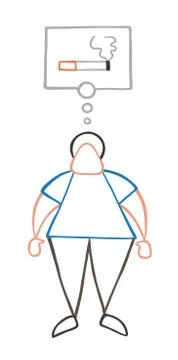 Vector cartoon man standing and thinking smoking cigarette with thought bubbl Stock Illustration