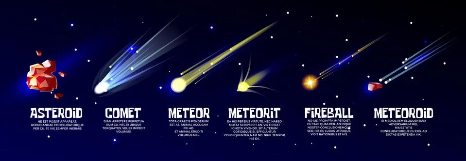 Vector cartoon meteorite, comet asteroid set Stock Illustration