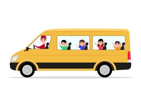 Vector cartoon minivan driver children passengers Stock Illustration