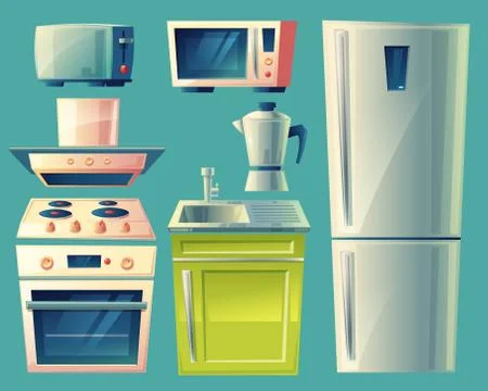 Vector cartoon modern kitchen interior objects set Illustrazione stock