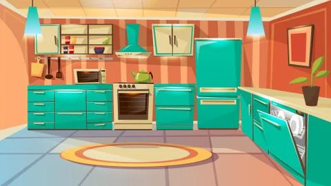 Vector cartoon modern kitchen interior background Иллюстрация