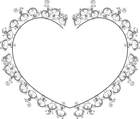 Vector cartoon monkey heart shape frame border Stock Illustration