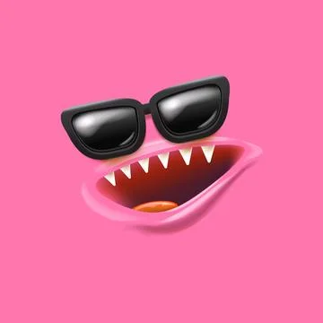 Vector Cartoon monster face with sunglasses, open mouth, fangs isolated on pink 스톡 일러스트