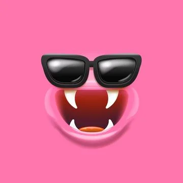 Vector Cartoon monster face with sunglasses, open mouth, fangs isolated on pink Stockillustratie