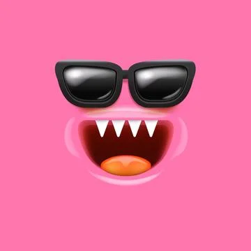 Vector Cartoon monster face with sunglasses, open mouth, fangs isolated on pink 스톡 일러스트