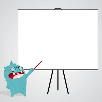 Vector Cartoon Monster pointing a Blank White Board Stock Illustration