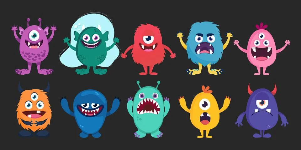Vector cartoon monsters. Cute creatures with fangs and horns, cyclops Stock Illustration