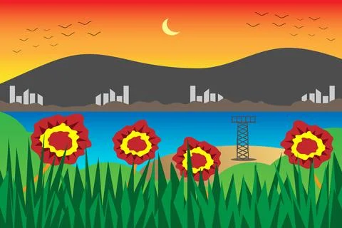 Vector cartoon moonlight landscape with orange sky Stock Illustration
