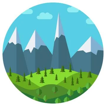 Vector cartoon mountain landscape in circle Stock Illustration