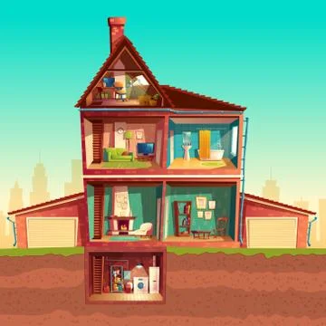 Vector cartoon multistorey house in cross section Stock Illustration
