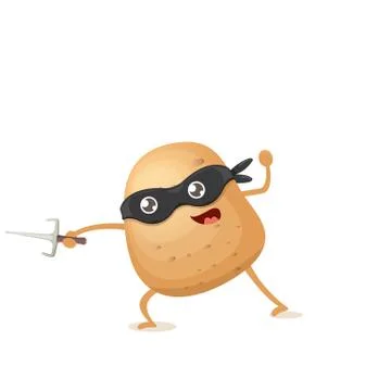 Vector cartoon ninja potato character with black super hero mask and ninja knife Stock Illustration