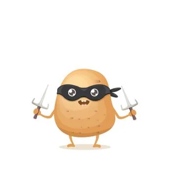 Vector cartoon ninja potato character with black super hero mask and ninja knife Stock Illustration
