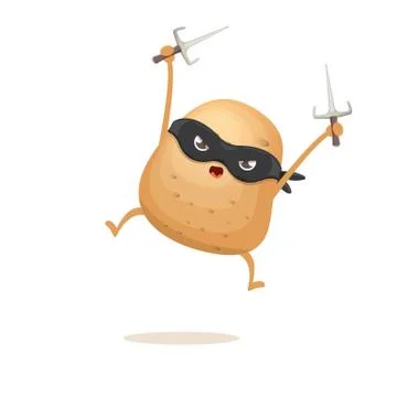 Vector cartoon ninja potato character with black super hero mask and ninja knife Stock Illustration