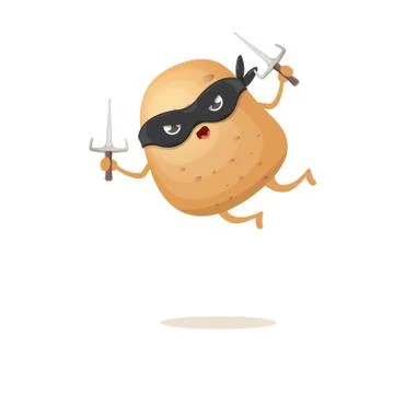 Vector cartoon ninja potato character with black super hero mask and ninja knife Stock Illustration