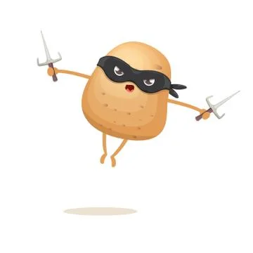 Vector cartoon ninja potato character with black super hero mask and ninja knife Stock Illustration