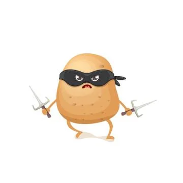 Vector cartoon ninja potato character with black super hero mask and ninja knife Stock Illustration