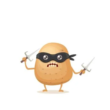 Vector cartoon ninja potato character with black super hero mask and ninja knife Stock Illustration