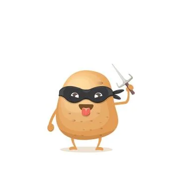 Vector cartoon ninja potato character with black super hero mask and ninja knife Stock Illustration