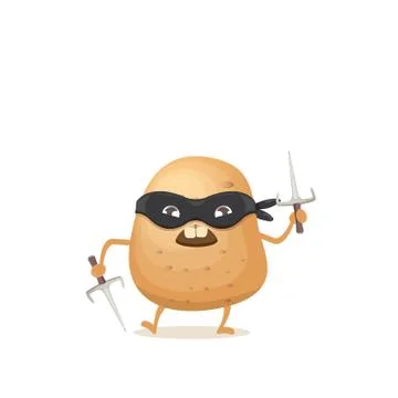 Vector cartoon ninja potato character with black super hero mask and ninja knife Stock Illustration