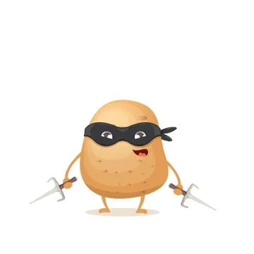 Vector cartoon ninja potato character with black super hero mask and ninja knife Stock Illustration