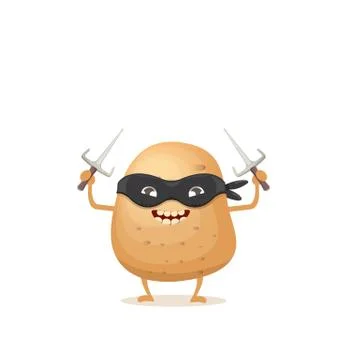 Vector cartoon ninja potato character with black super hero mask and ninja knife Stock Illustration