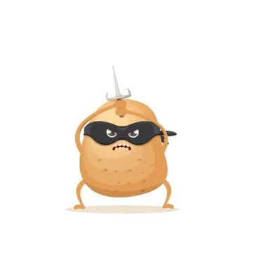 Vector cartoon ninja potato character with black super hero mask and ninja knife Stock Illustration