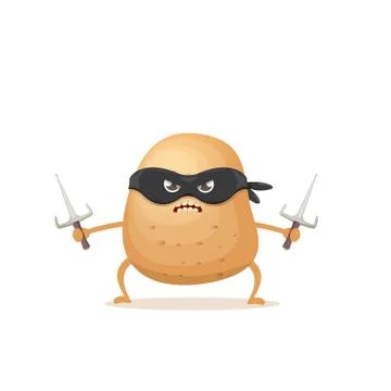 Vector cartoon ninja potato character with black super hero mask and ninja knife Stock Illustration