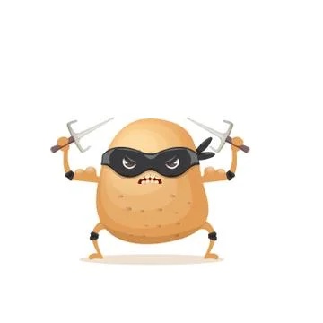Vector cartoon ninja potato character with black super hero mask and ninja knife Stock Illustration
